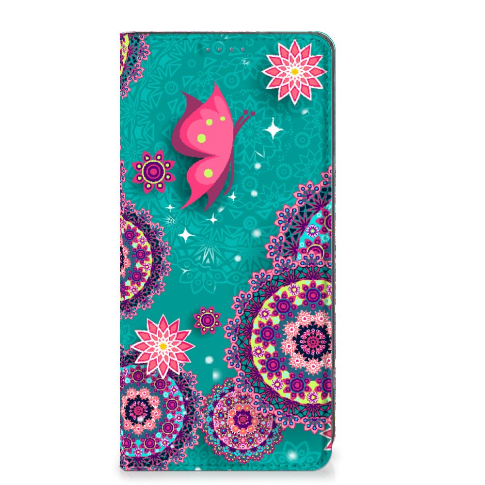 OnePlus 11 Bookcase Cirkels en Vlinders hoesje met bloemen en vlinder bovenaan