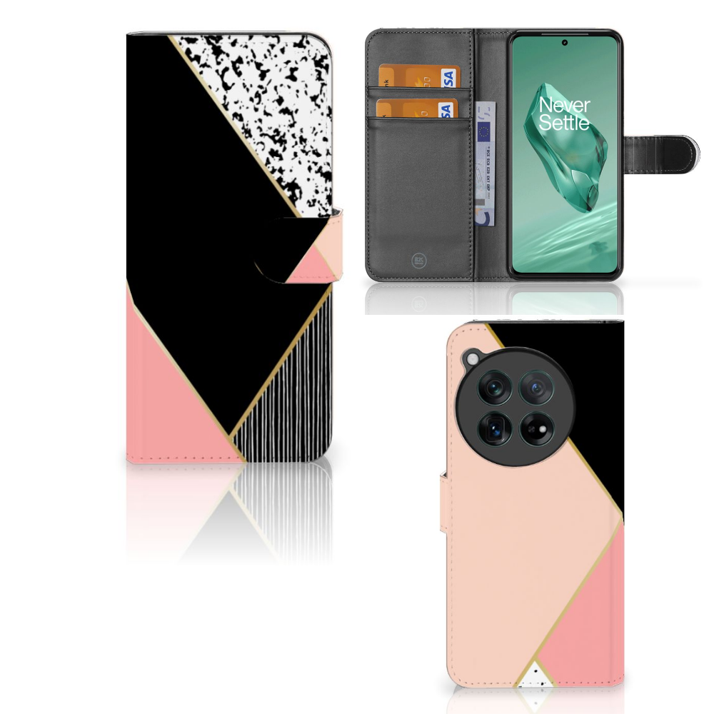 OnePlus 12 Book Case Zwart Roze Vormen bookcase geometrisch ontwerp aanzicht