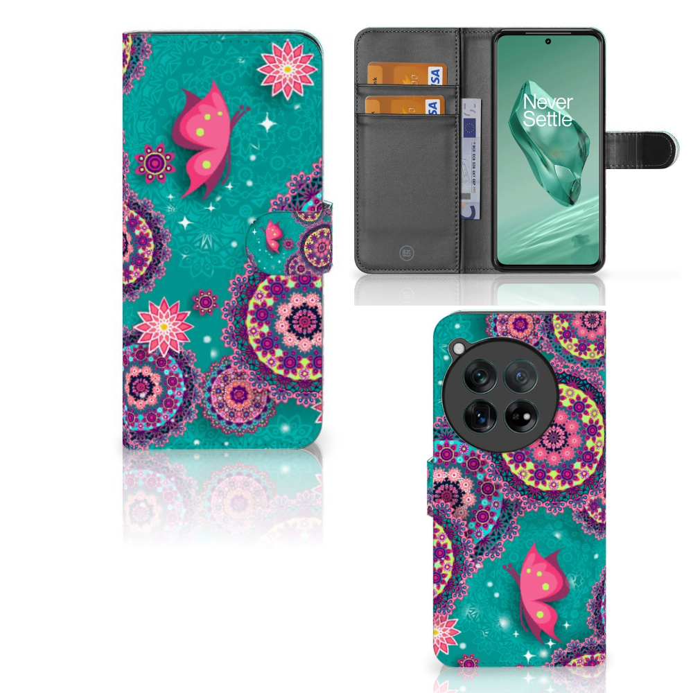 OnePlus 12 Hoesje Cirkels en Vlinders bookstyle cirkels vlinders kleurrijk