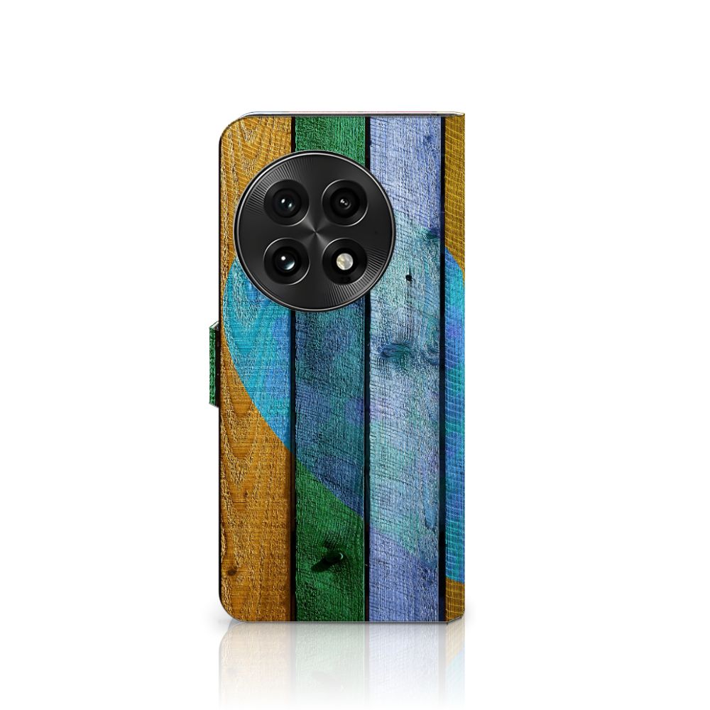 OnePlus 13 Book Style Case Wood Heart voorzijde hout plank ontwerp