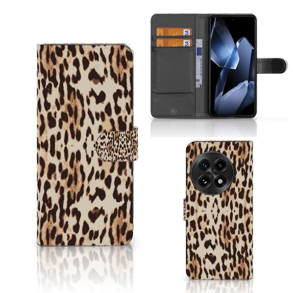 OnePlus 13 Telefoonhoesje met Pasjes Leopard telefoonhoesje leopard design front back