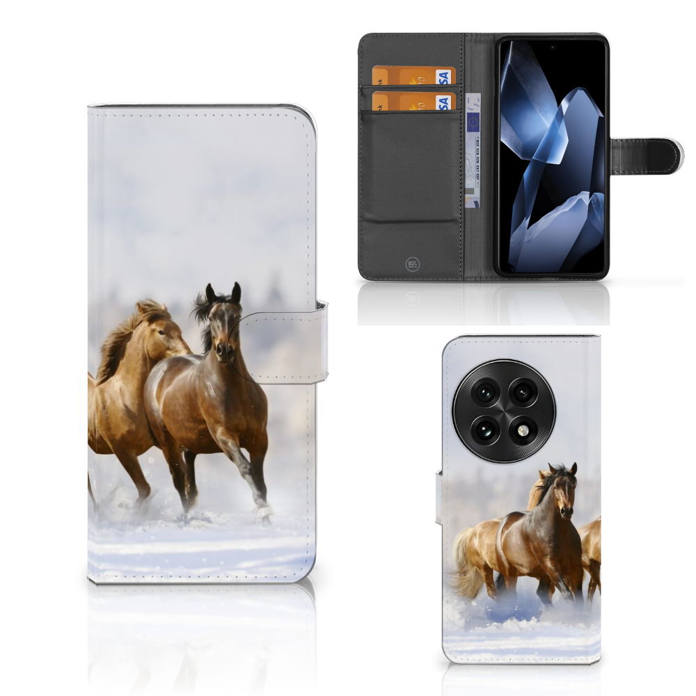 OnePlus 13 Telefoonhoesje met Pasjes Paarden paarden design voorkant achterkant aanzicht