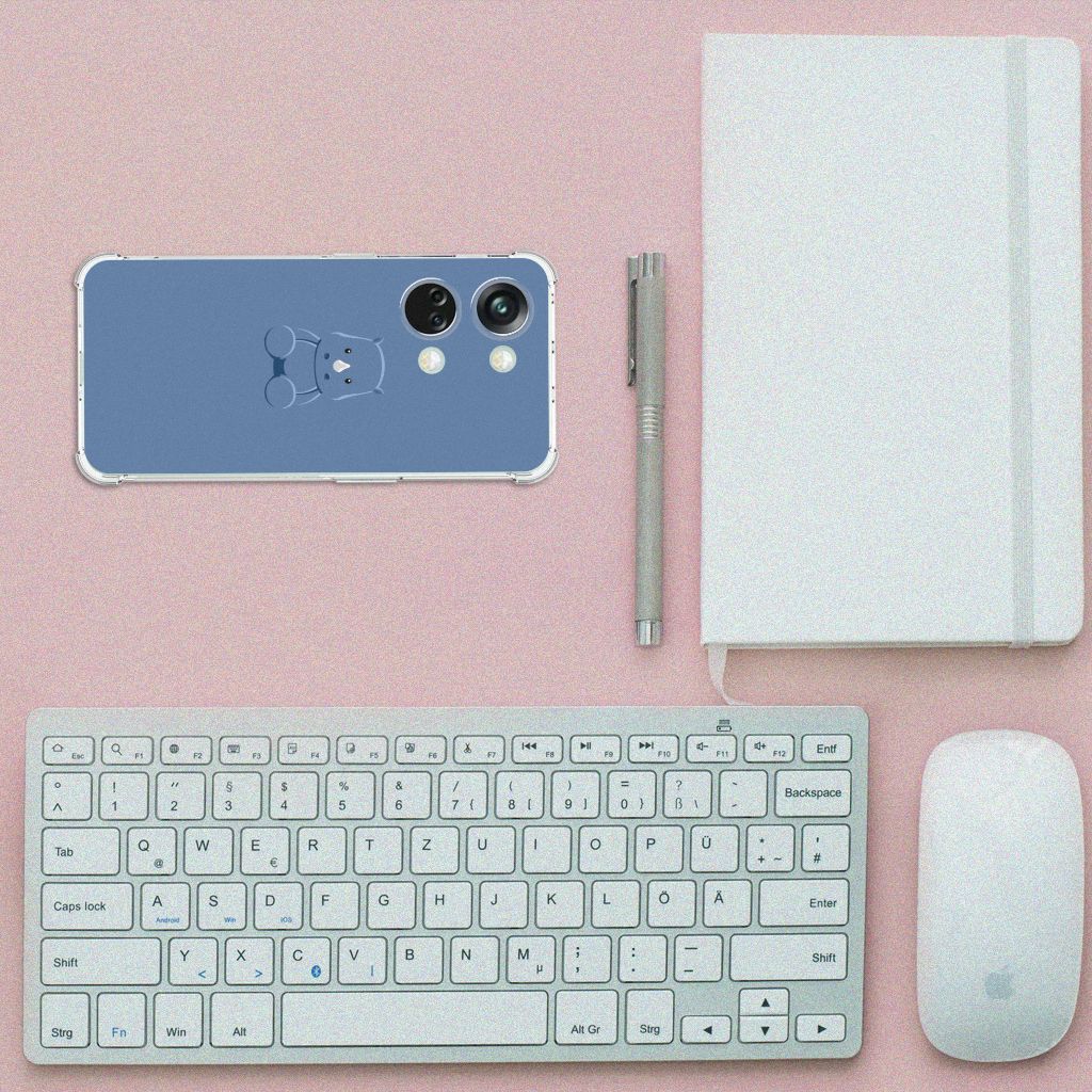 OnePlus Nord 3 Stevig Bumper Hoesje Baby Rhino telefoonhoesje blauwe achtergrond bureau