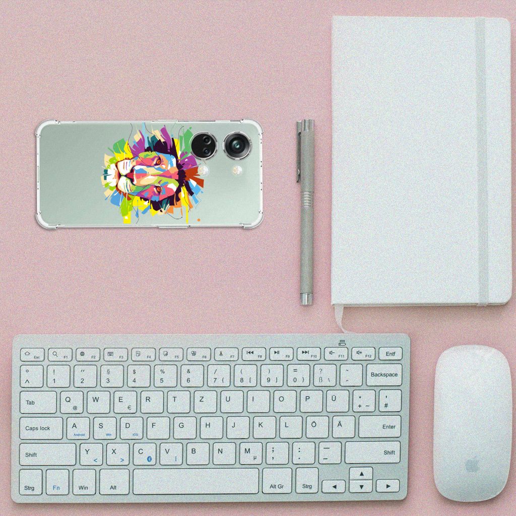 OnePlus Nord 3 Stevig Bumper Hoesje Lion Color bovenaanzicht toetsenbord notitieboekje muis