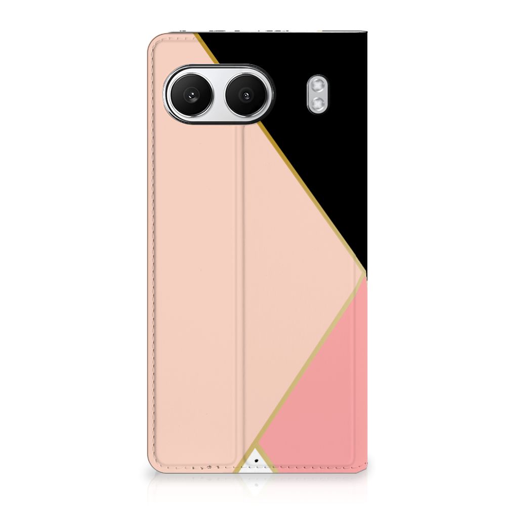 OnePlus Nord 4 Stand Case Zwart Roze Vormen design Black Pink Shapes aanzicht