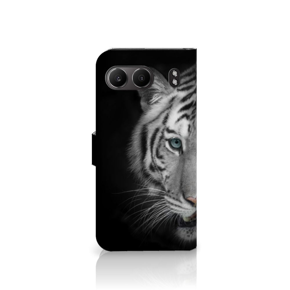 OnePlus Nord 4 telefoonhoesje met pasjes tijger design witte tijger aanzicht