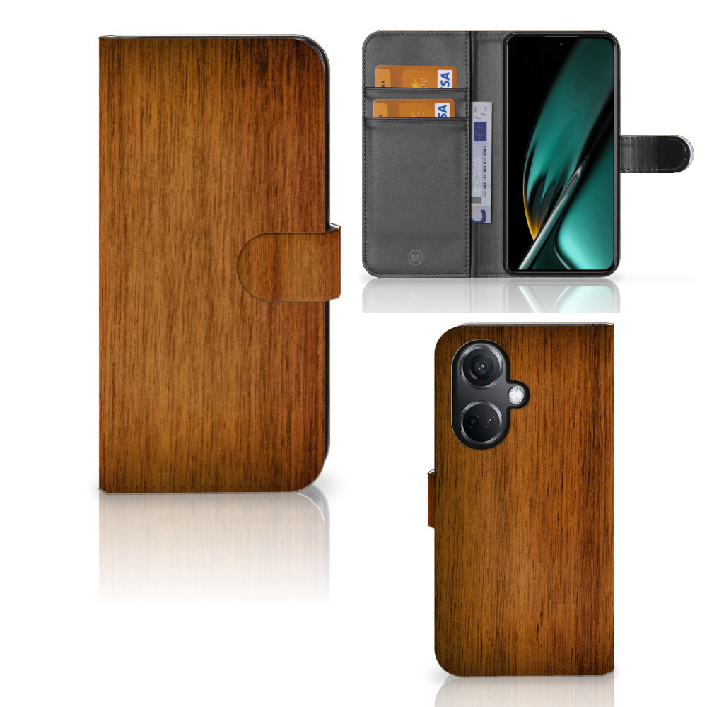 OnePlus Nord CE 3 Book Style Case Donker Hout met pasjeshouder voor veelzijdige bescherming en uitstraling.