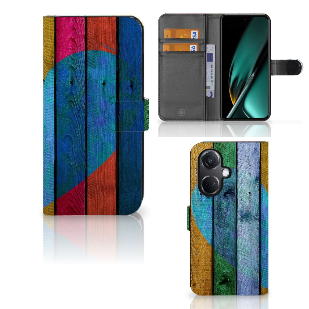 OnePlus Nord CE 3 Book Style Case Wood Heart telefoonhoesje kleur hout hartje voor en achteraanzicht