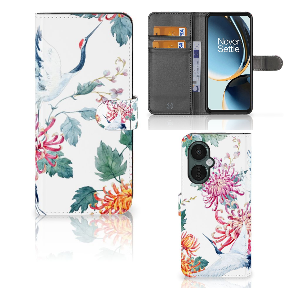 OnePlus Nord CE 3 Lite Telefoonhoesje met Pasjes Bird Flowers boekhoesje aanzicht