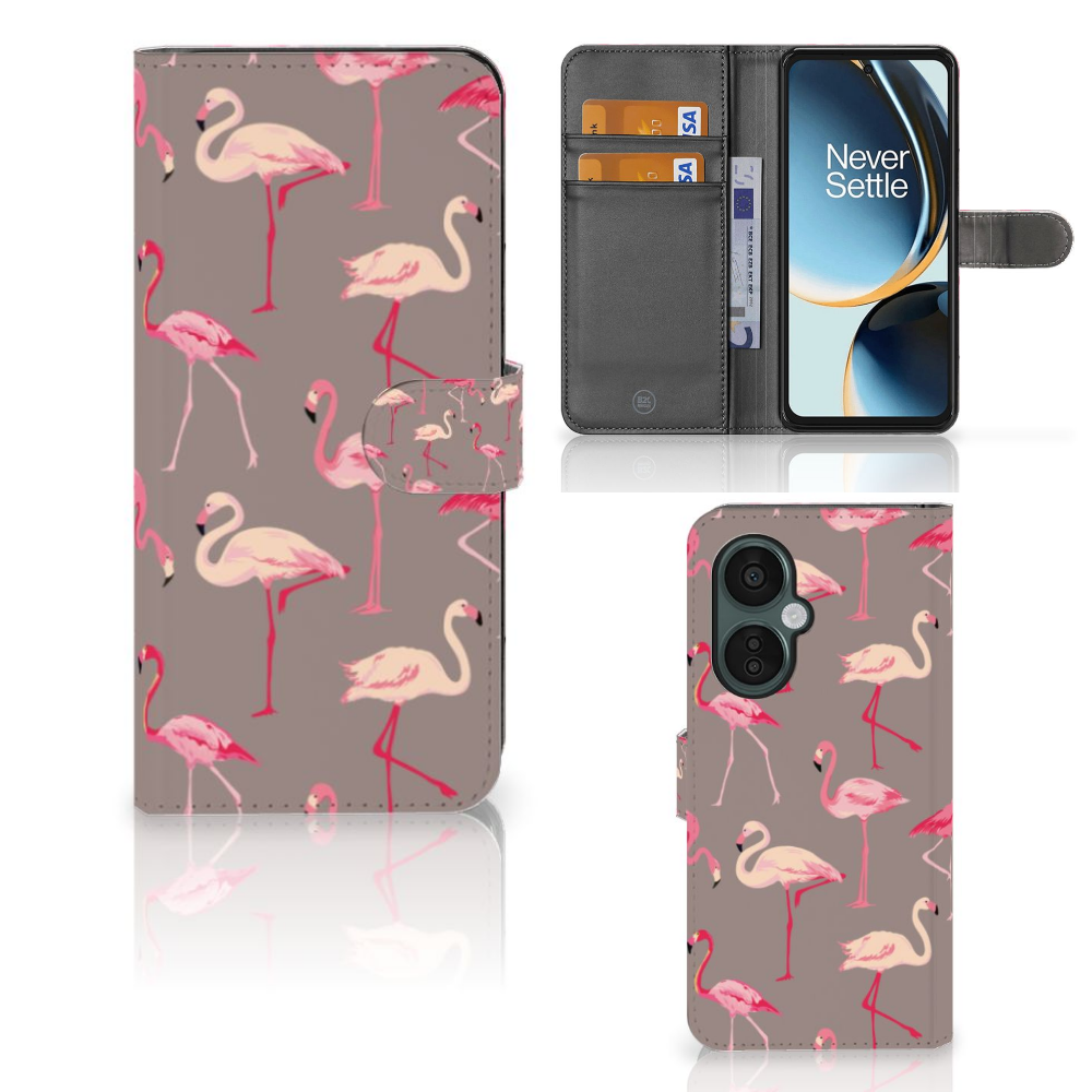OnePlus Nord CE 3 Lite Telefoonhoesje met Pasjes Flamingo hoesje flamingo design vooraanzicht binnenaanzicht