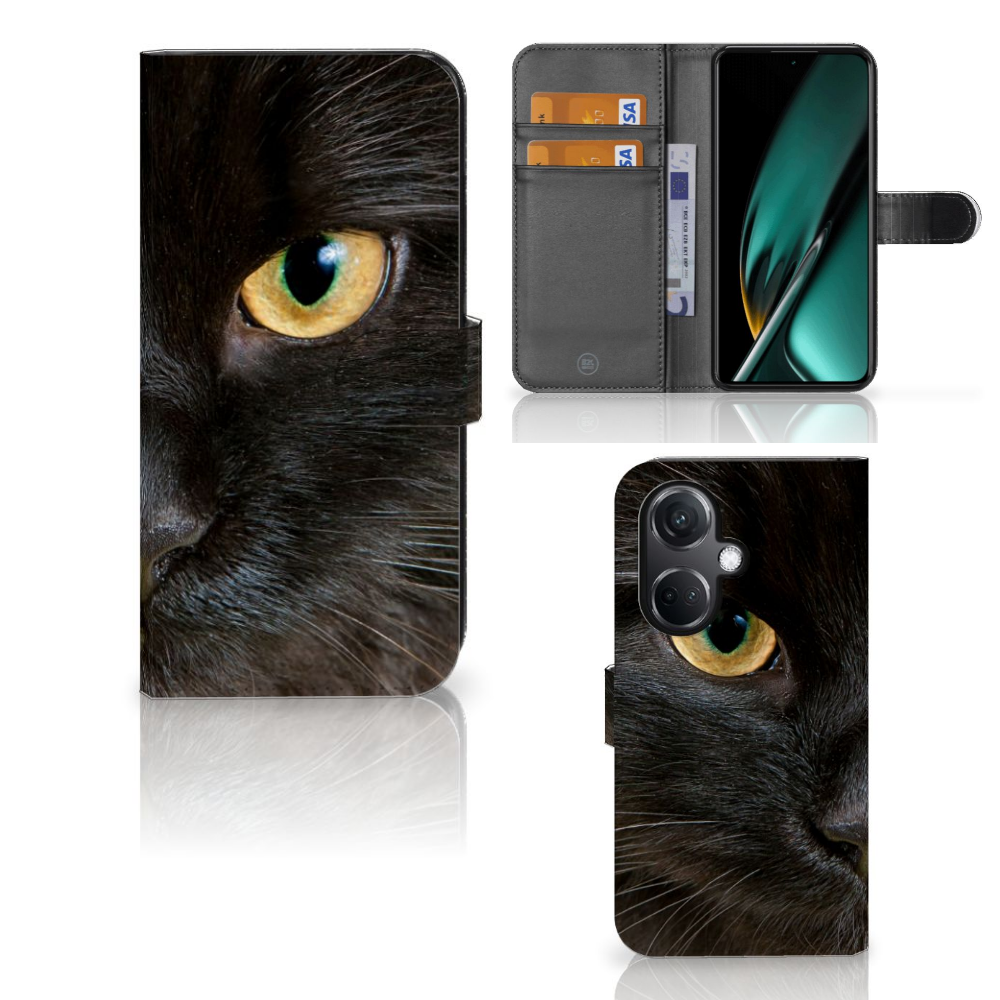 OnePlus Nord CE 3 Telefoonhoesje met Pasjes Zwarte Kat zwart kat ontwerp aanzicht