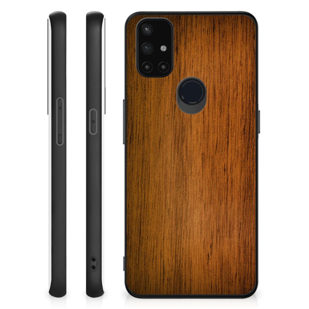 OnePlus Nord N10 5G Houten Print Telefoonhoesje Donker Hout achterkant bruin hout