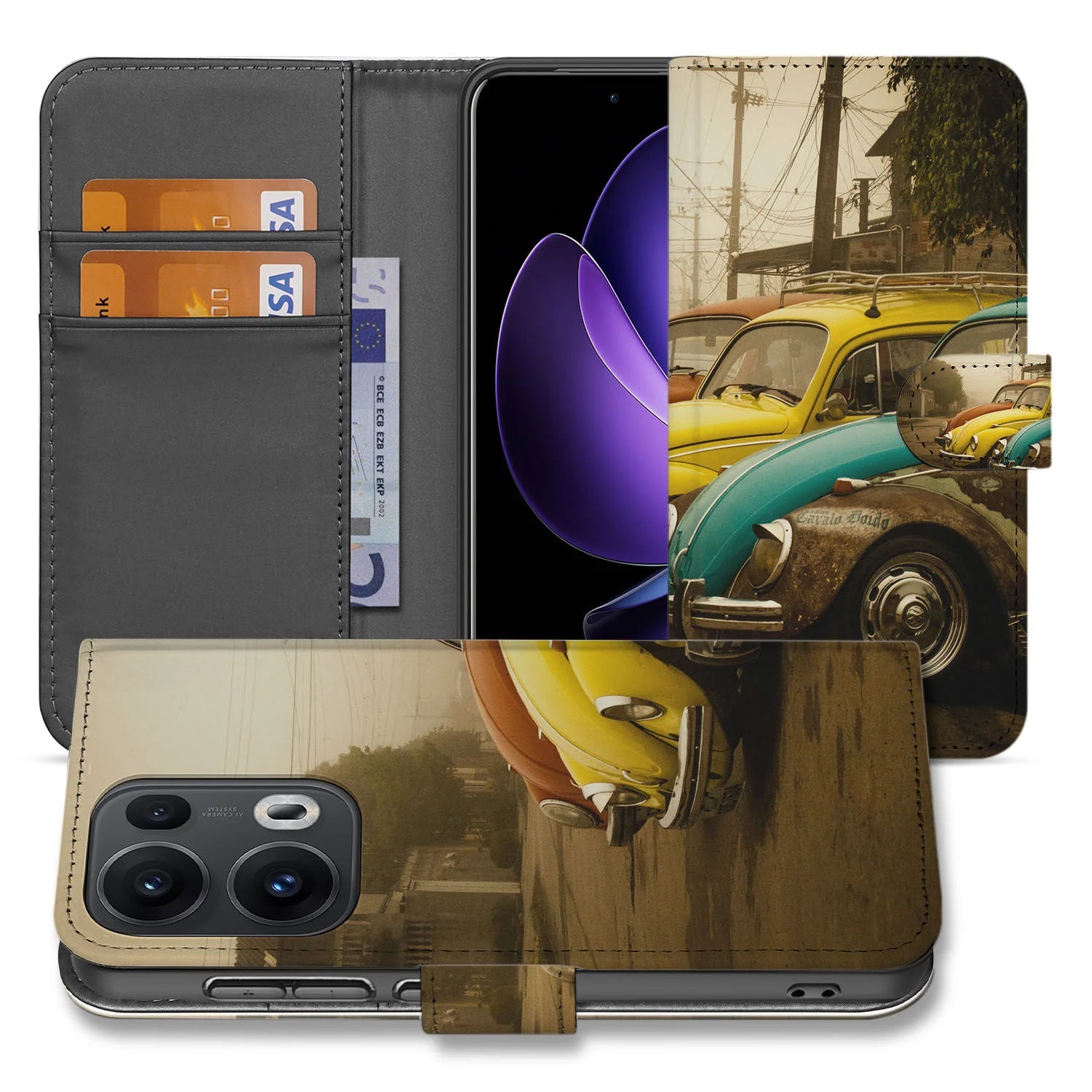 OPPO Reno 13 Pro boek hoesje gepersonaliseerd retro auto aanzicht