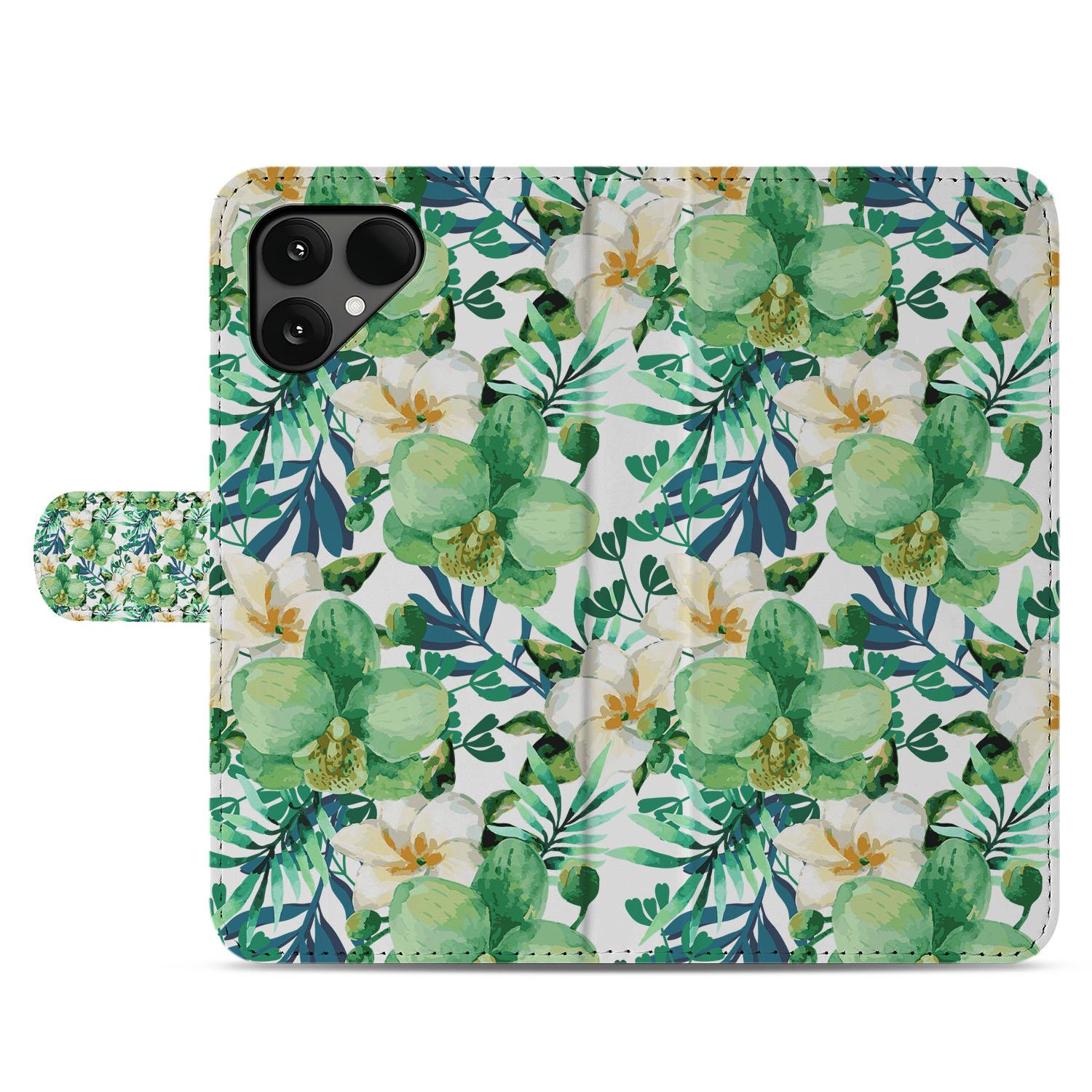 Fairphone 6 Orchidee Groen Portemonnee Hoesje bloemenpatroon voorzijde