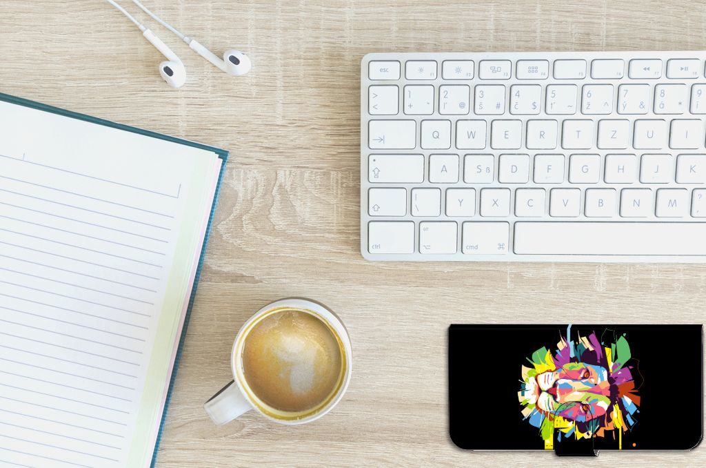 PPO A57 | A57s | A77 4G Leuk Hoesje Lion Color bovenaanzicht bureau koffie notitieboek toetsenbord