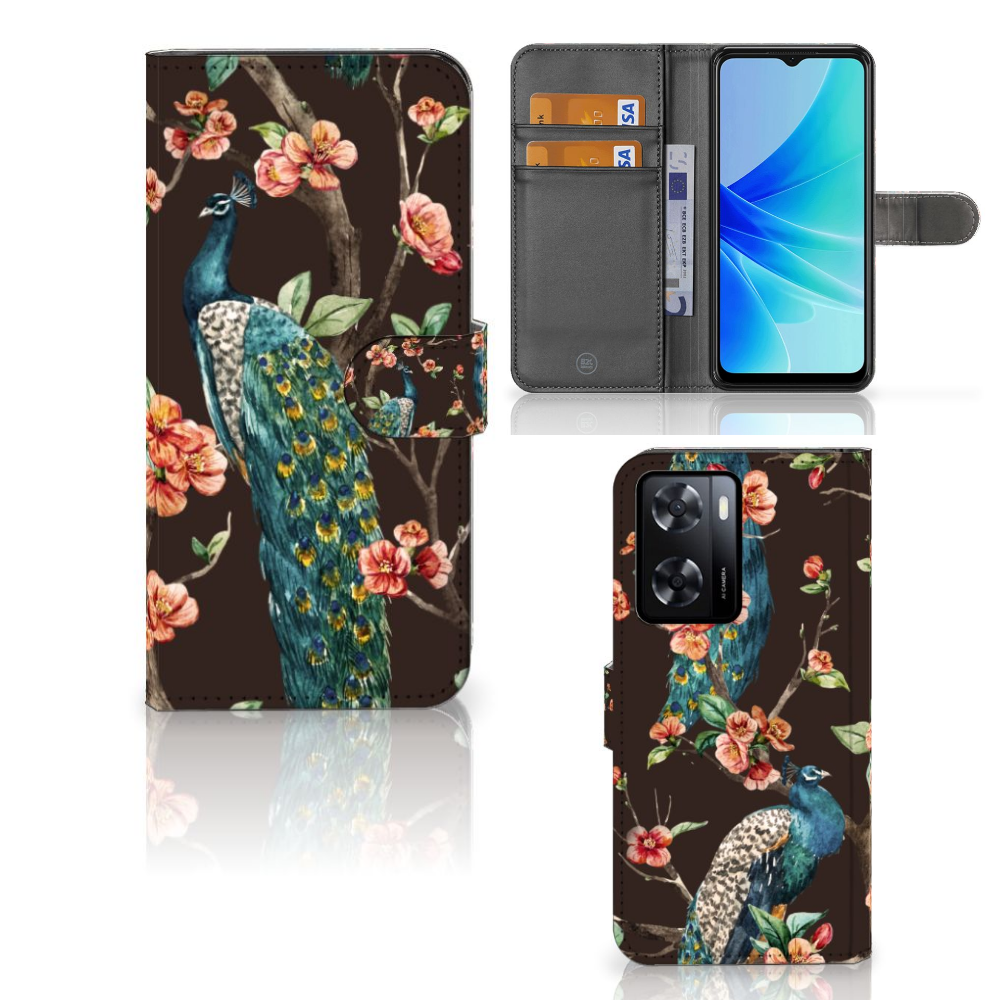 PPO A57 A57s A77 4G Telefoonhoesje met Pasjes Pauw met Bloemen telefoonhoesje pauw bloemen design aanzicht