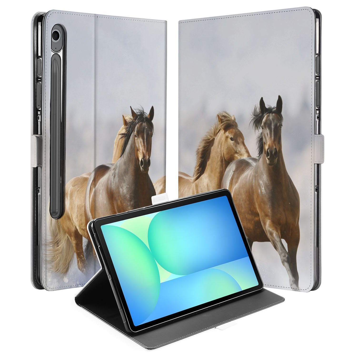 Paarden Book Case Hoesje met Standaard Samsung Galaxy Tab S10 FE | Tab S9 FE tablet hoesje paarden ontwerp aanzicht