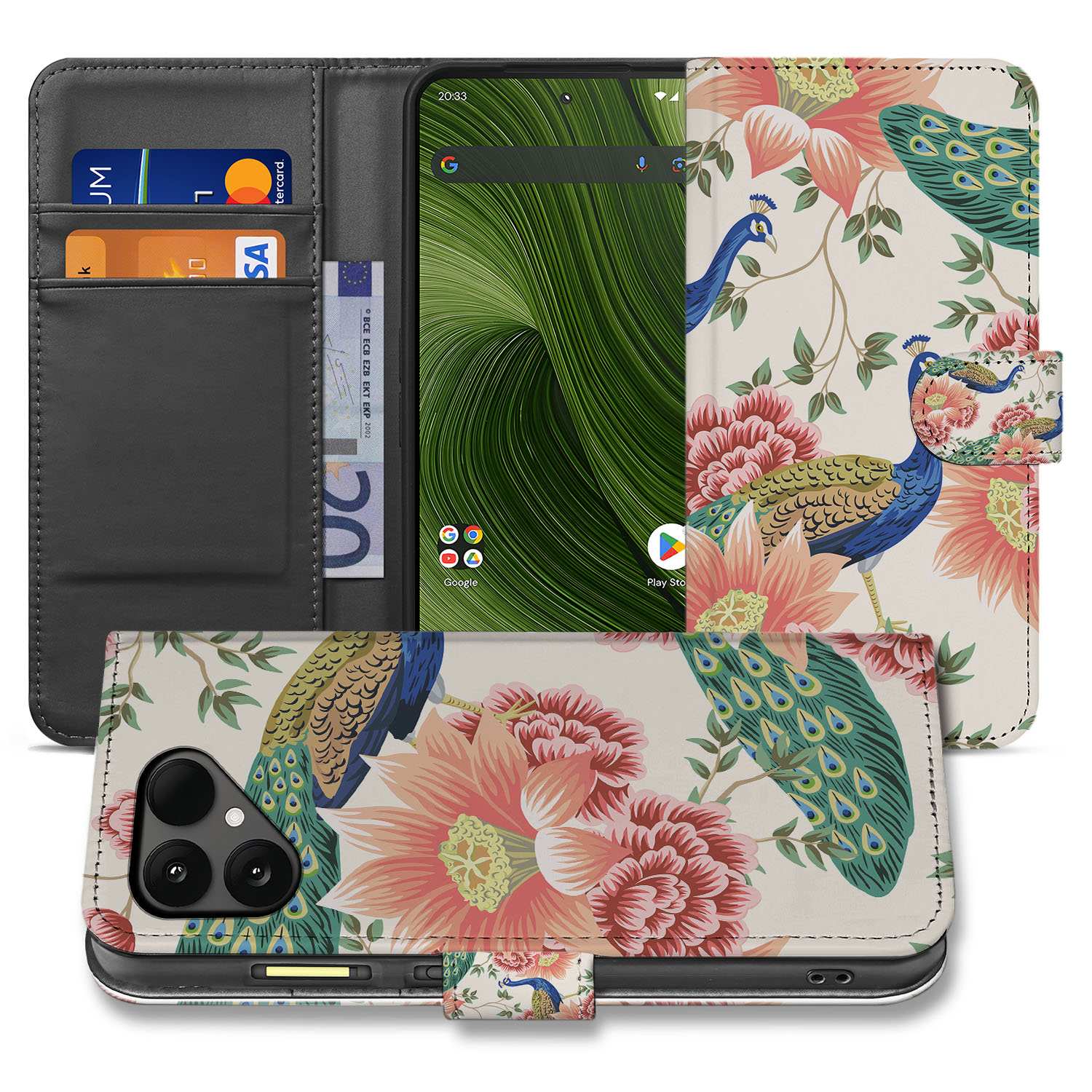 Pink Peacock Fairphone 6 Book Case pauwenverenprint bovenzijde voorzijde