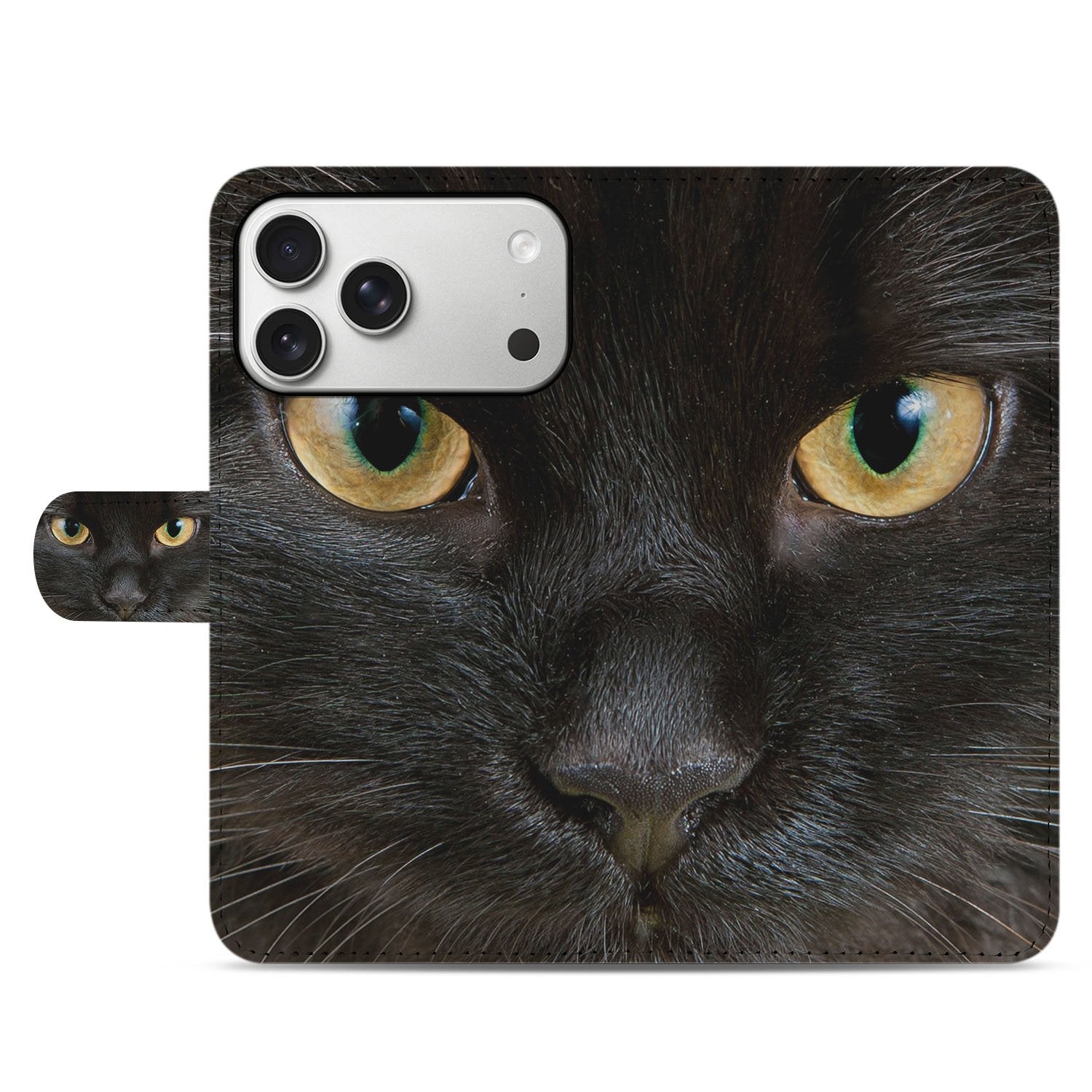 Portemonnee Hoesje iPhone 17 Pro Max Zwarte Kat Met Pasjes zwart kat design close-up