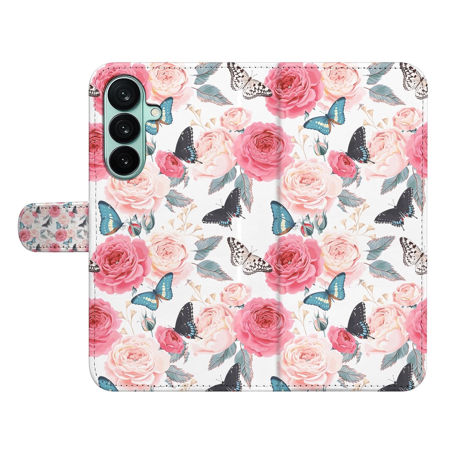 Samsung Galaxy A27 bookcase Butterfly Roses, open met pasjesvakken