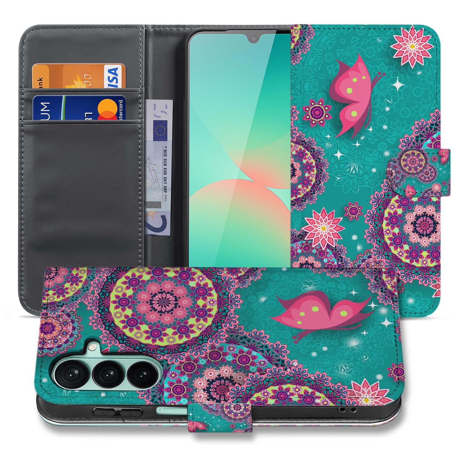 Samsung Galaxy A27 bookcase Cirkels en Vlinders, voorkant met gesloten klep