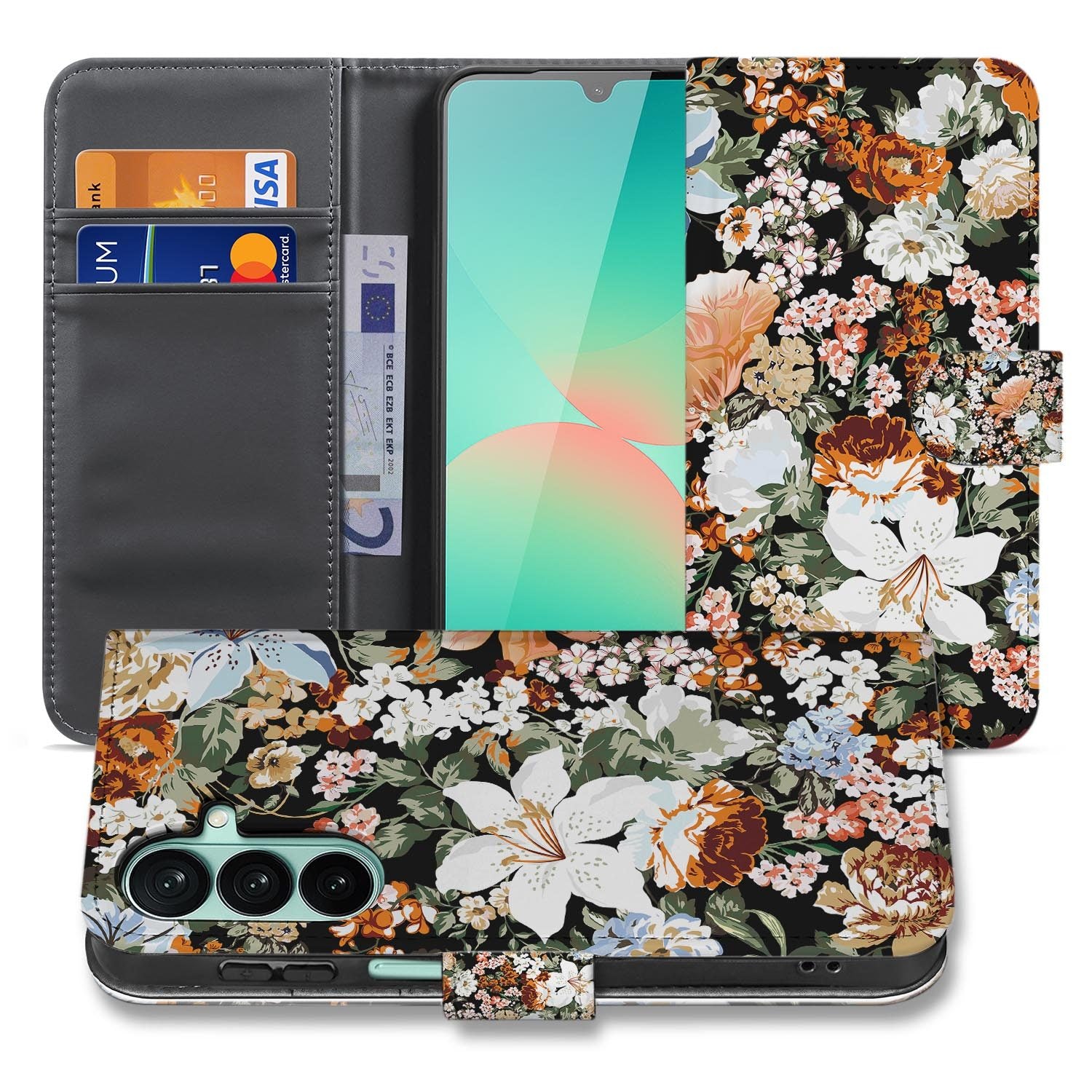 Samsung Galaxy A27 bookcase Dark Flowers, voorkant met gesloten klep