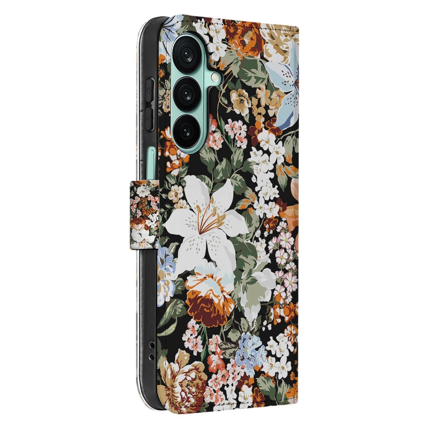 Samsung Galaxy A27 bookcase Dark Flowers, detail van het stiksel