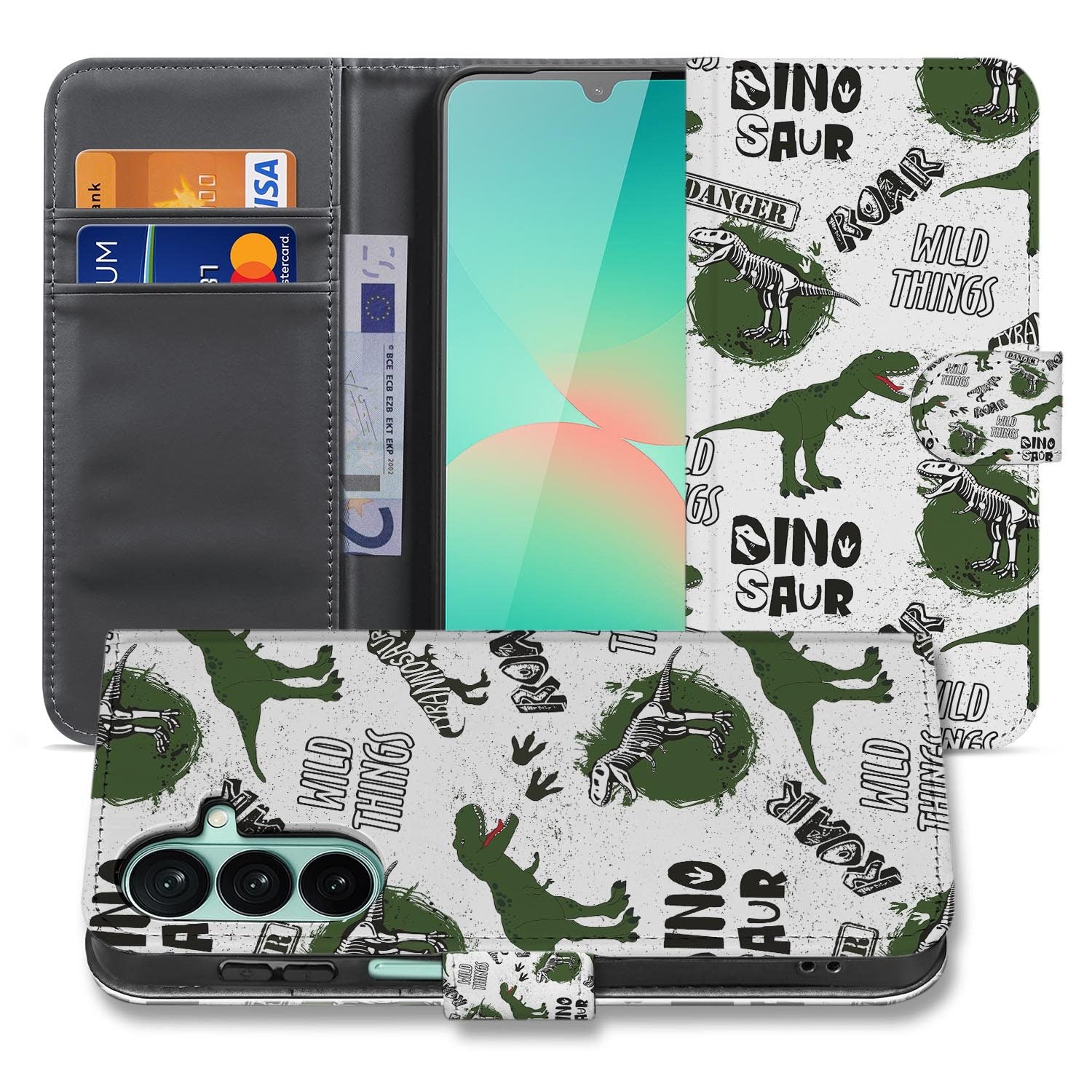 Samsung Galaxy A27 bookcase Dinosaurus, voorkant met gesloten klep