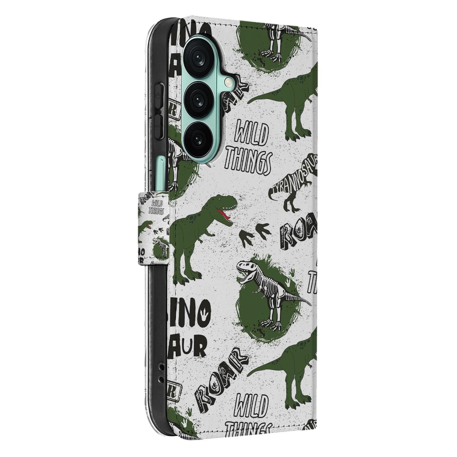 Samsung Galaxy A27 bookcase Dinosaurus, detail van het stiksel