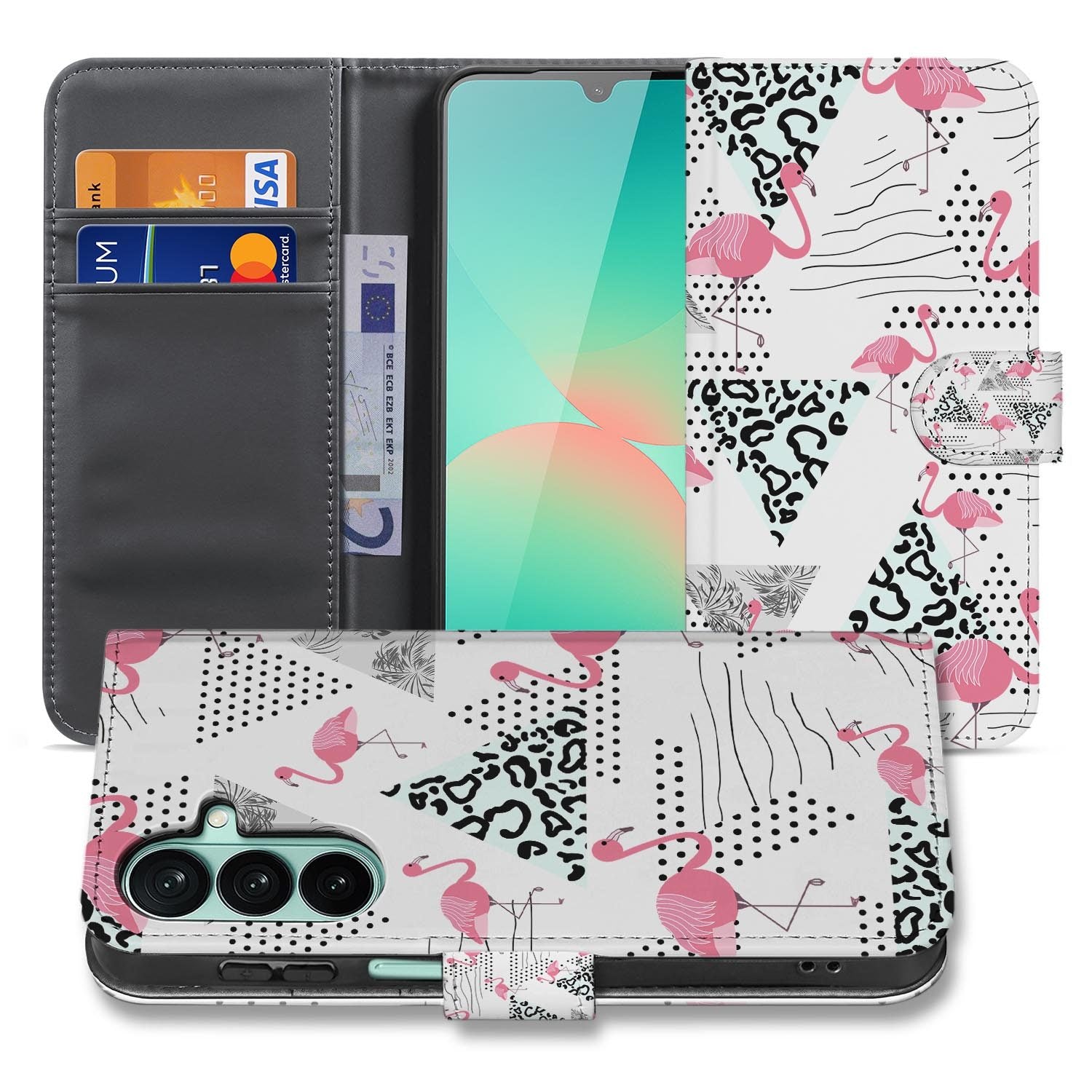 Samsung Galaxy A27 bookcase Flamingo Triangle, voorkant met gesloten klep