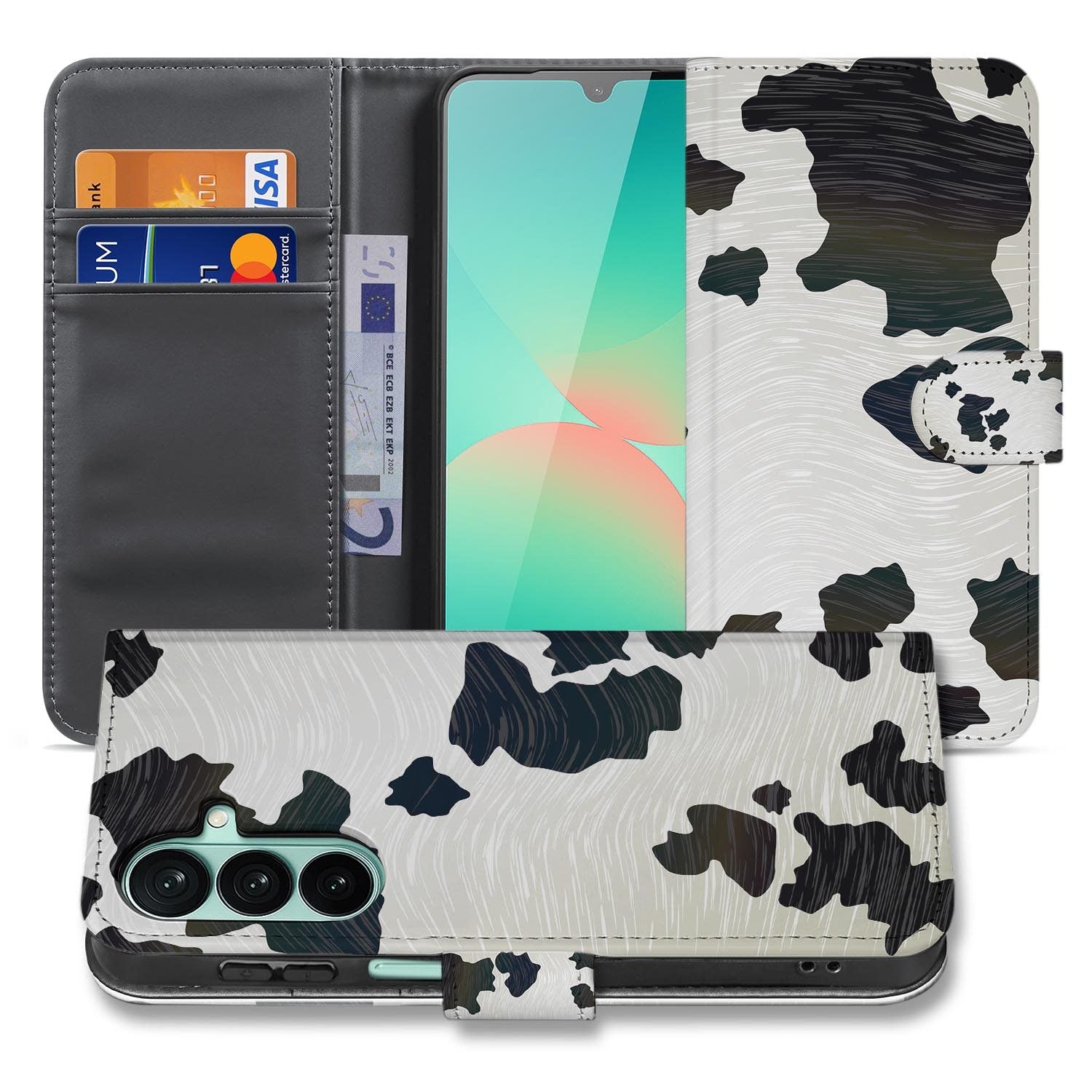 Samsung Galaxy A27 bookcase Koeienvlekken, voorkant met gesloten klep