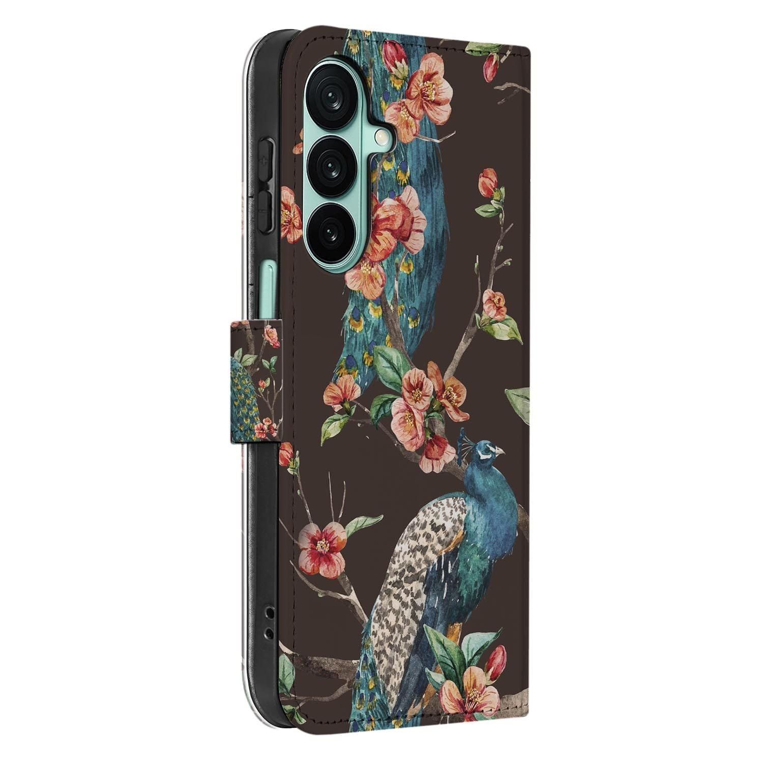 Samsung Galaxy A27 bookcase Pauw met Bloemen, binnenkant met telefoon