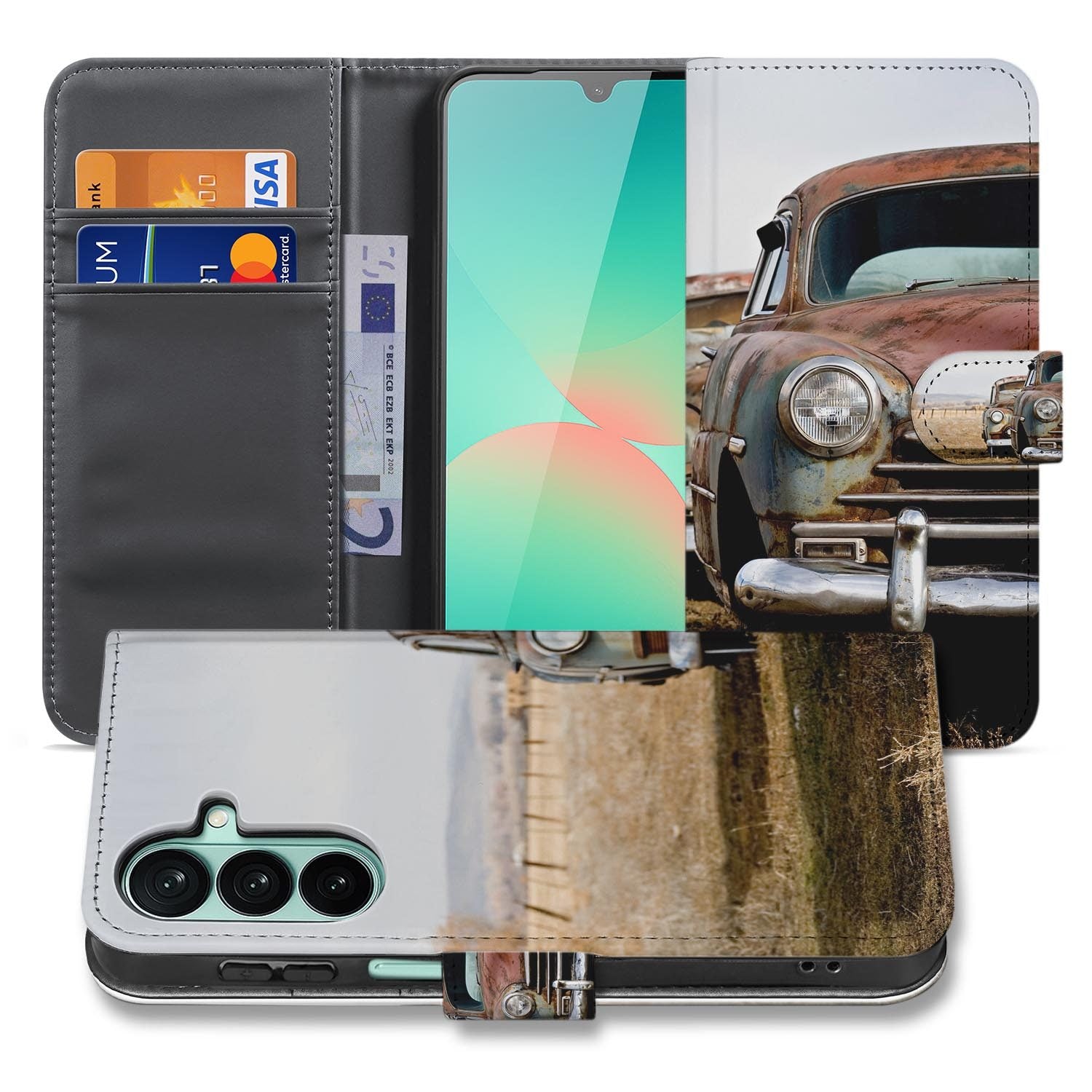 Samsung Galaxy A27 bookcase Vintage Auto, voorkant met gesloten klep