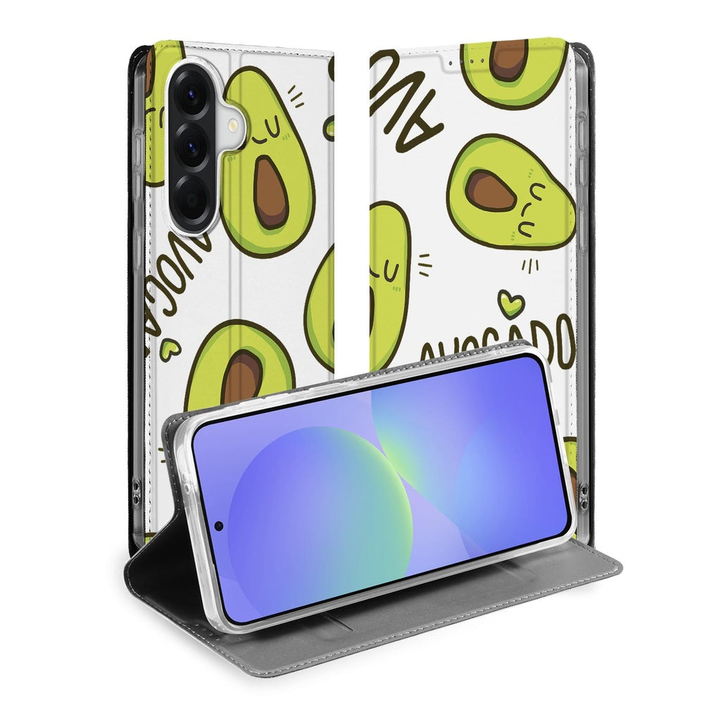 Samsung Galaxy A37 Flip Style Cover Avocado Singing design avocado print front view.