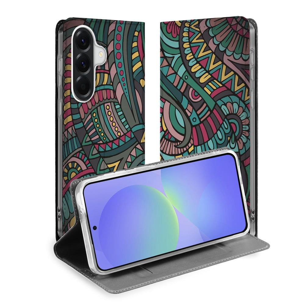 Samsung Galaxy A37 Standcase Hoesje Aztec Aztec-print design openstaande view.