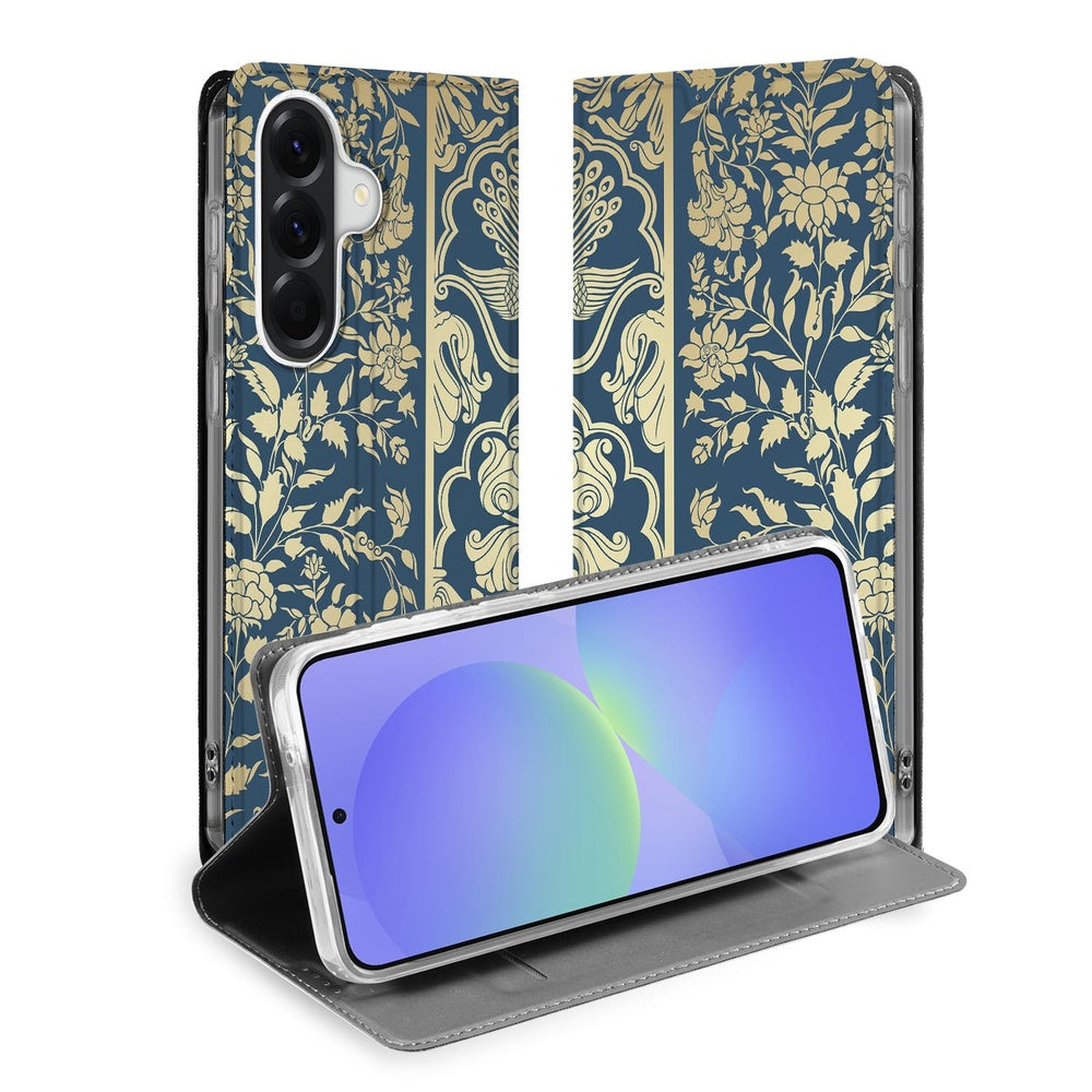 Samsung Galaxy A37 Book Case Beige Flowers donkerblauwe achtergrond met bloemen design meubels omgevingsbeeld.