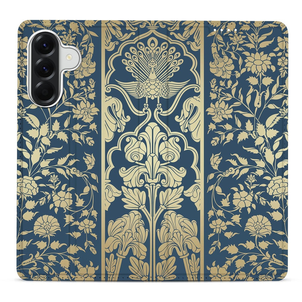 Samsung Galaxy A37 Book Case Beige Flowers design donkerblauwe achtergrond met gouden bloemen.