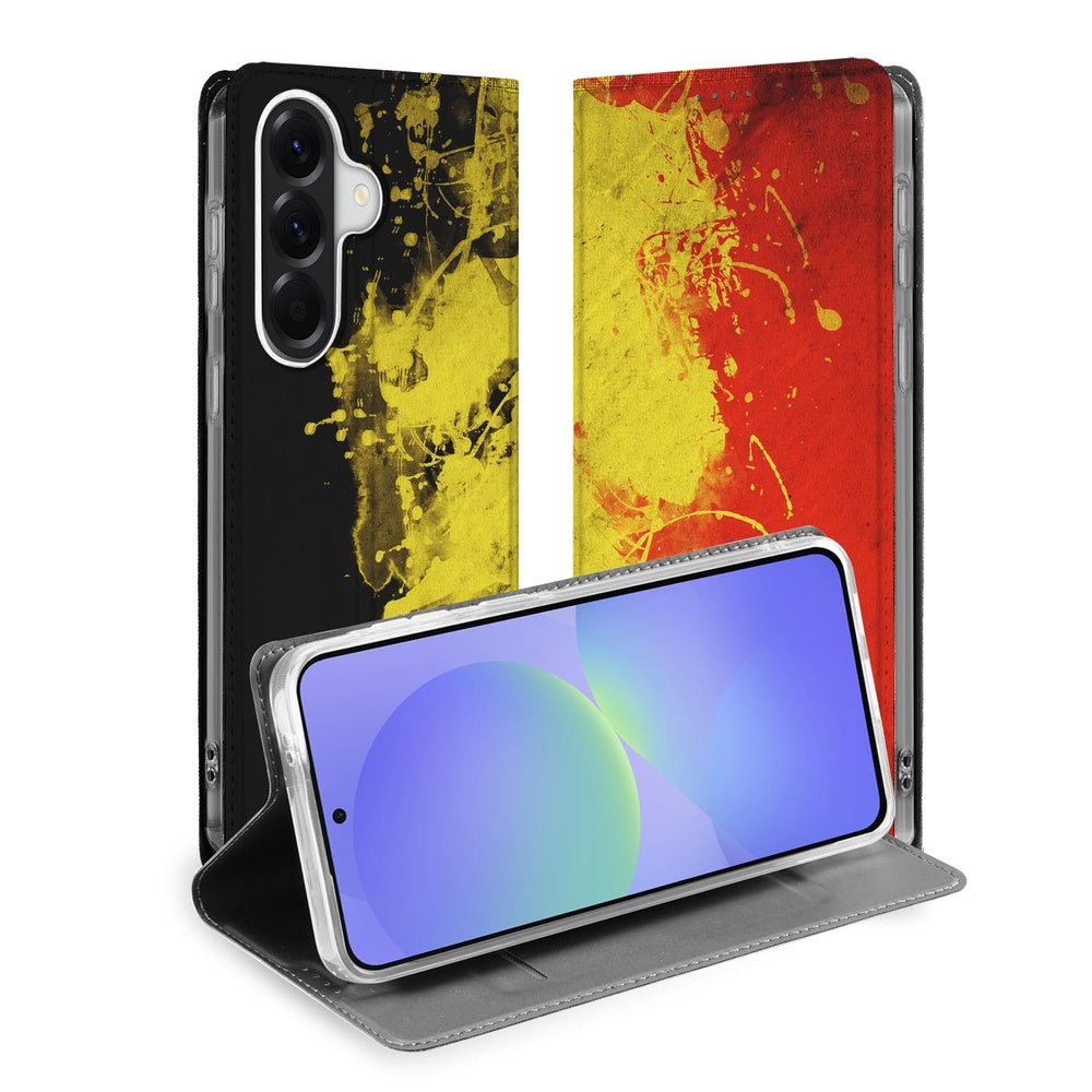 Samsung Galaxy A37 Book Cover Belgie Standcase zwart geel rood vooraanzicht.