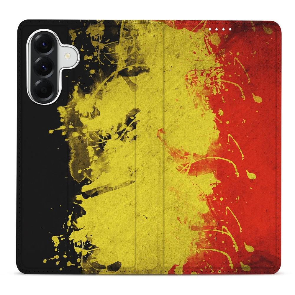Samsung Galaxy A37 Book Cover Belgie standcase zwart geel rood. Aanzicht van hoesje met Belgs ontwerp.