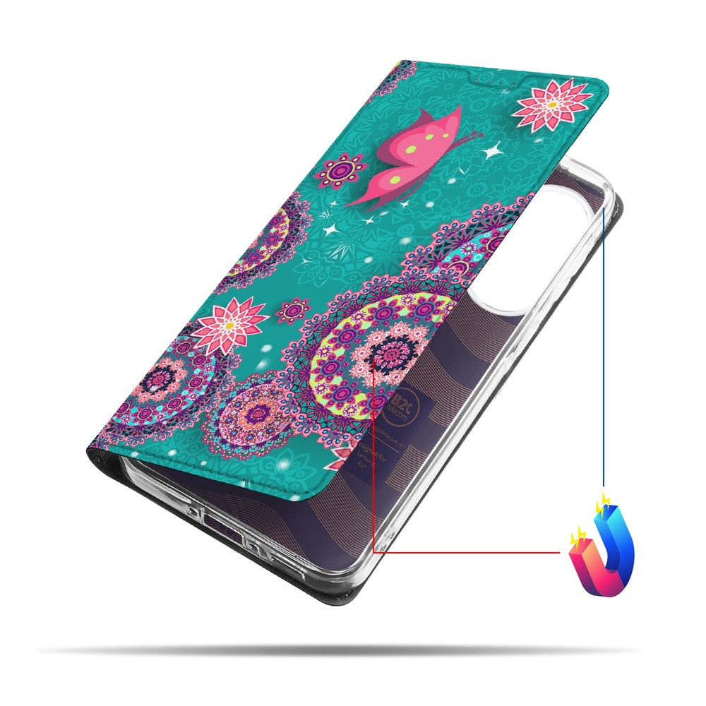 Samsung Galaxy A37 Flip Style Cover Cirkels en Vlinders print met kleurrijk design aan de zijkant.