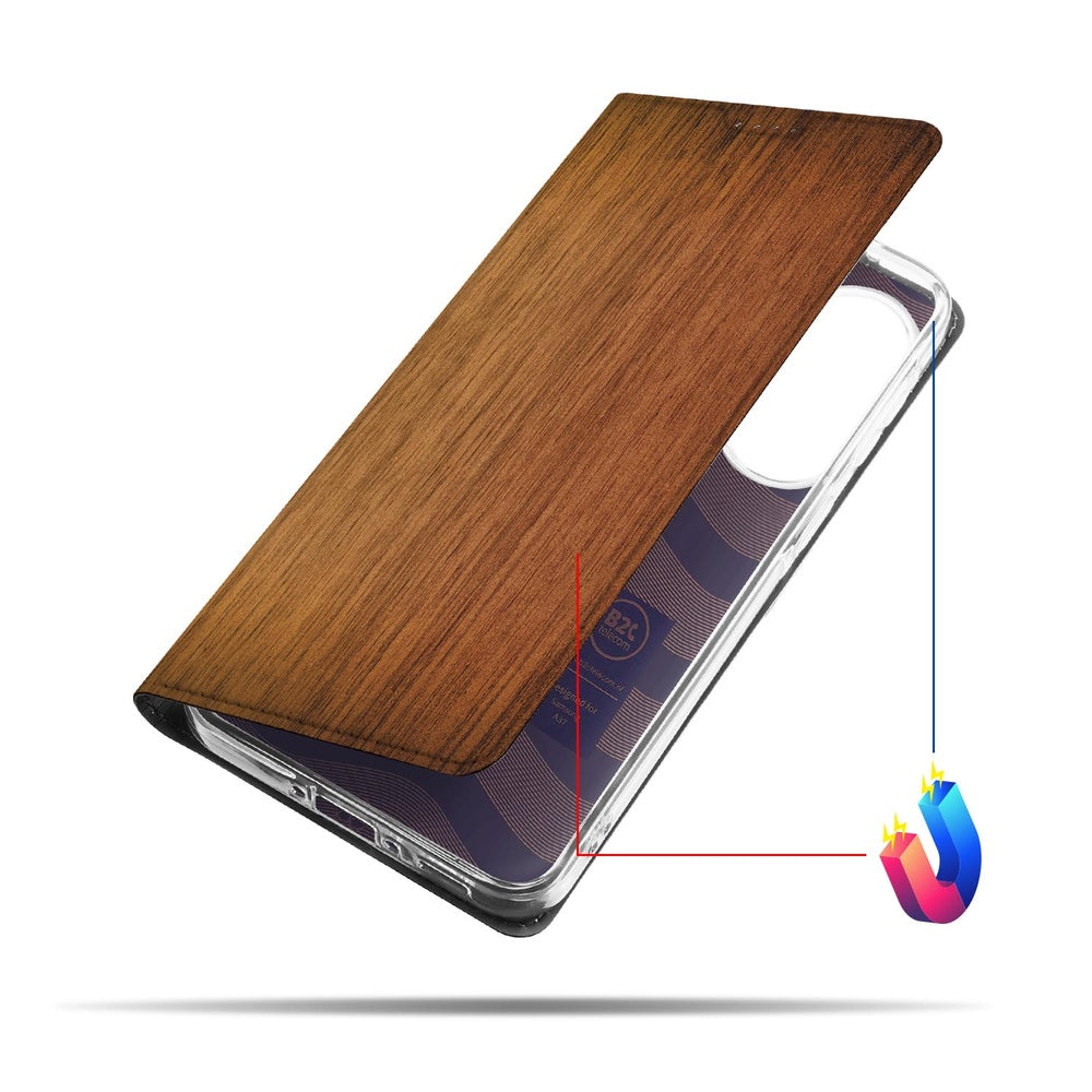 Samsung Galaxy A37 Flip Style Cover Donker Hout Flip Style Cover donkerhouten design Aanzicht