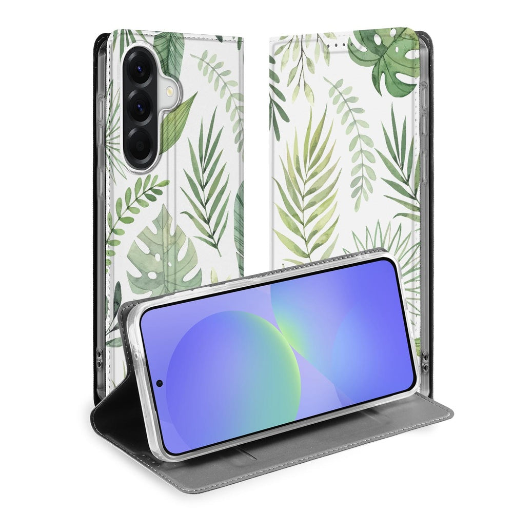 Samsung Galaxy A37 Bookcase Leaves vooraanzicht met groene bladerenprint.