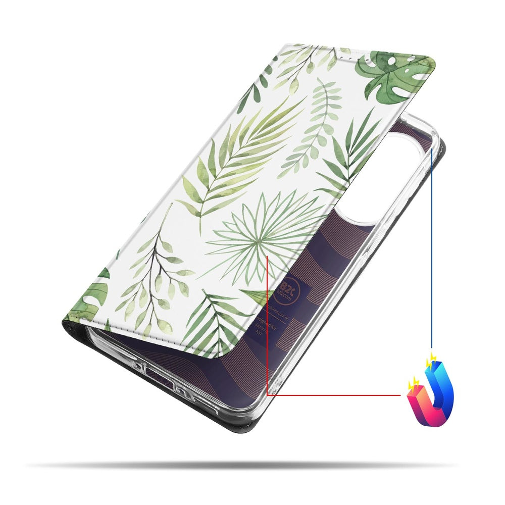 Samsung Galaxy A37 Bookcase Leaves vooraanzicht met bladerenprint.