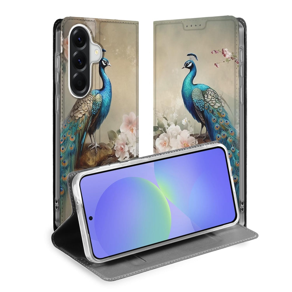Samsung Galaxy A37 Bookcase Vintage Pauwen voorkant detail weergave met pauwen en bloemen.