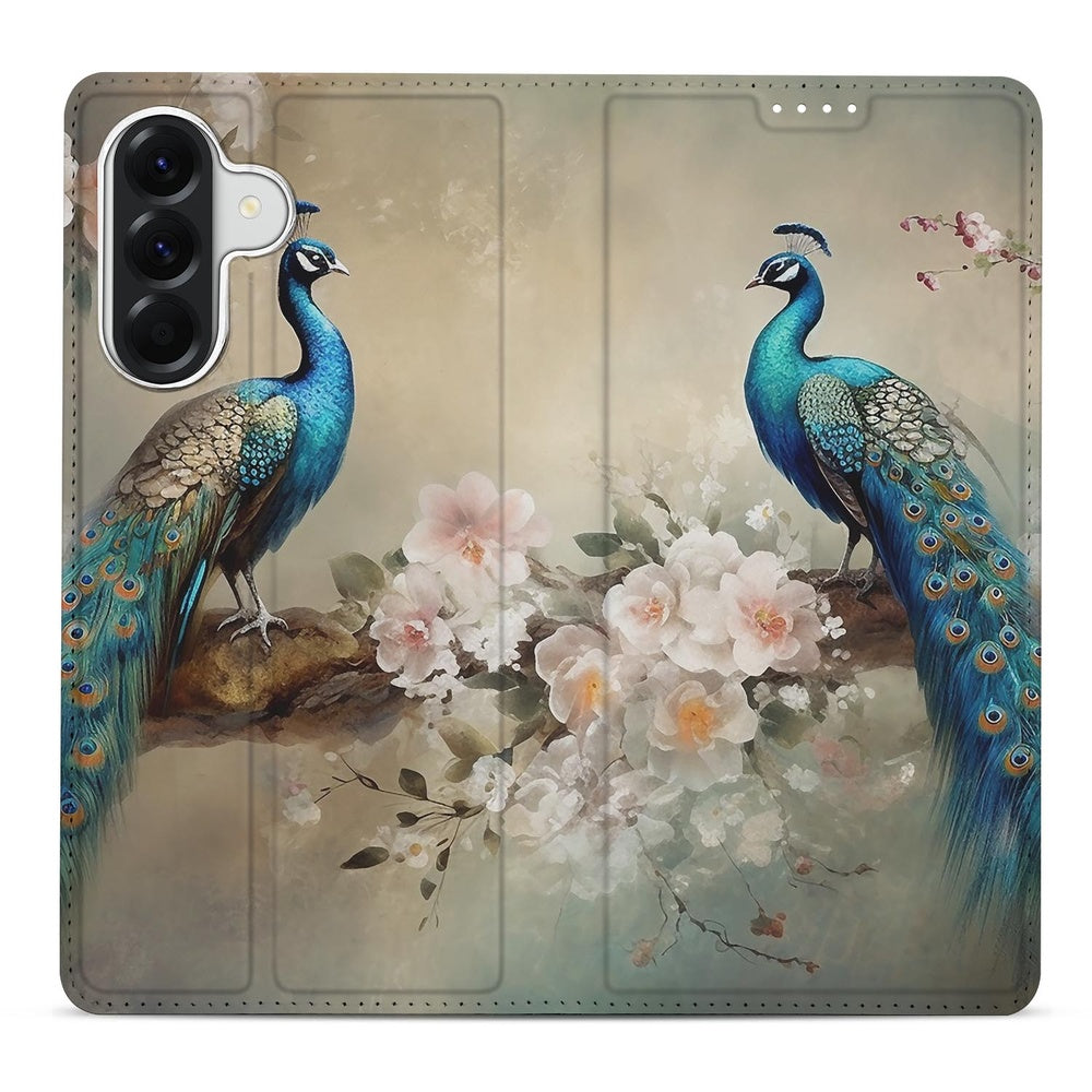 Samsung Galaxy A37 Bookcase Vintage Pauwen voorkant met pauwen en bloemen.
