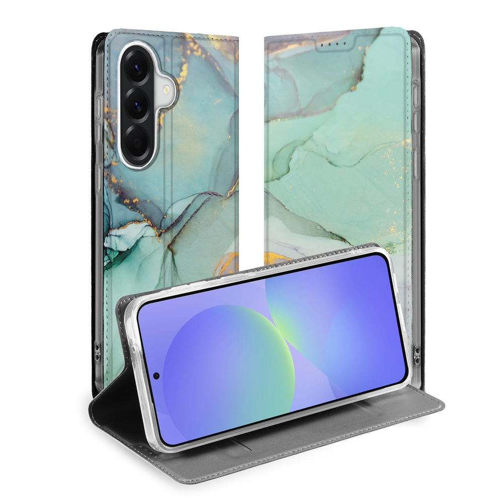 Samsung Galaxy A37 Book Cover Watercolor Mix voorkant en open met telefoon en abstract ontwerp.