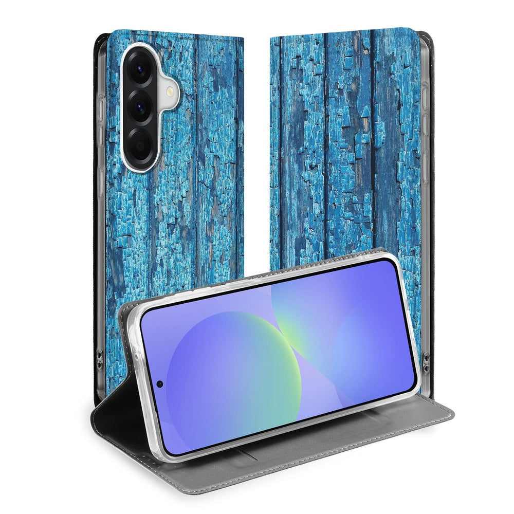 Samsung Galaxy A37 Flip Style Cover Wood Blue Voorkant en Achterkant.