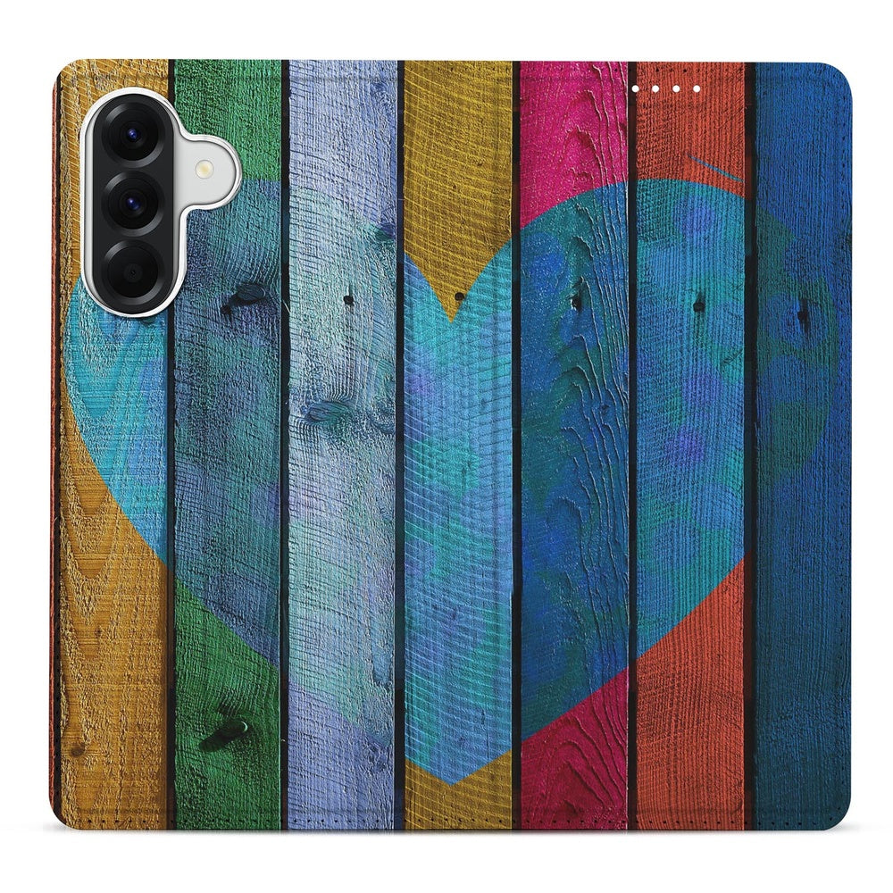Samsung Galaxy A37 Standcase Hoesje Wood Heart kleurrijk houten hart design vooraanzicht.