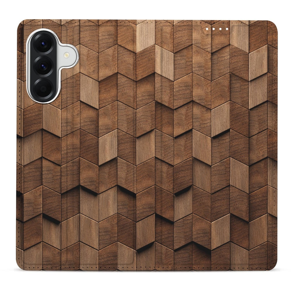 Samsung Galaxy A37 Smart Cover Hoesje Wooden Cubes bovenaanzicht.