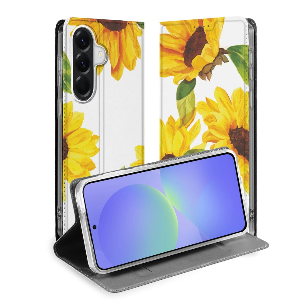 Samsung Galaxy A37 Book Case Zonnebloemen standcase zonnebloemen vooraanzicht.